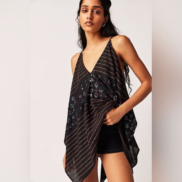 Free People Ibiza Haze Black Sequin-adorned Drapey Longline Top Tank M